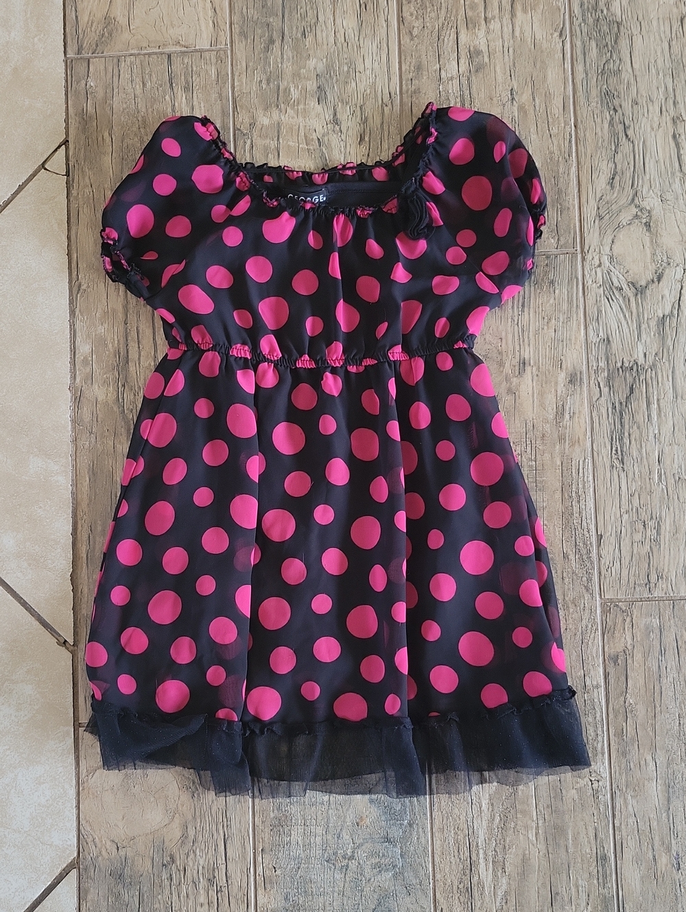 George Black Top with Hot Pink Polka Dots and Puff Sleeves